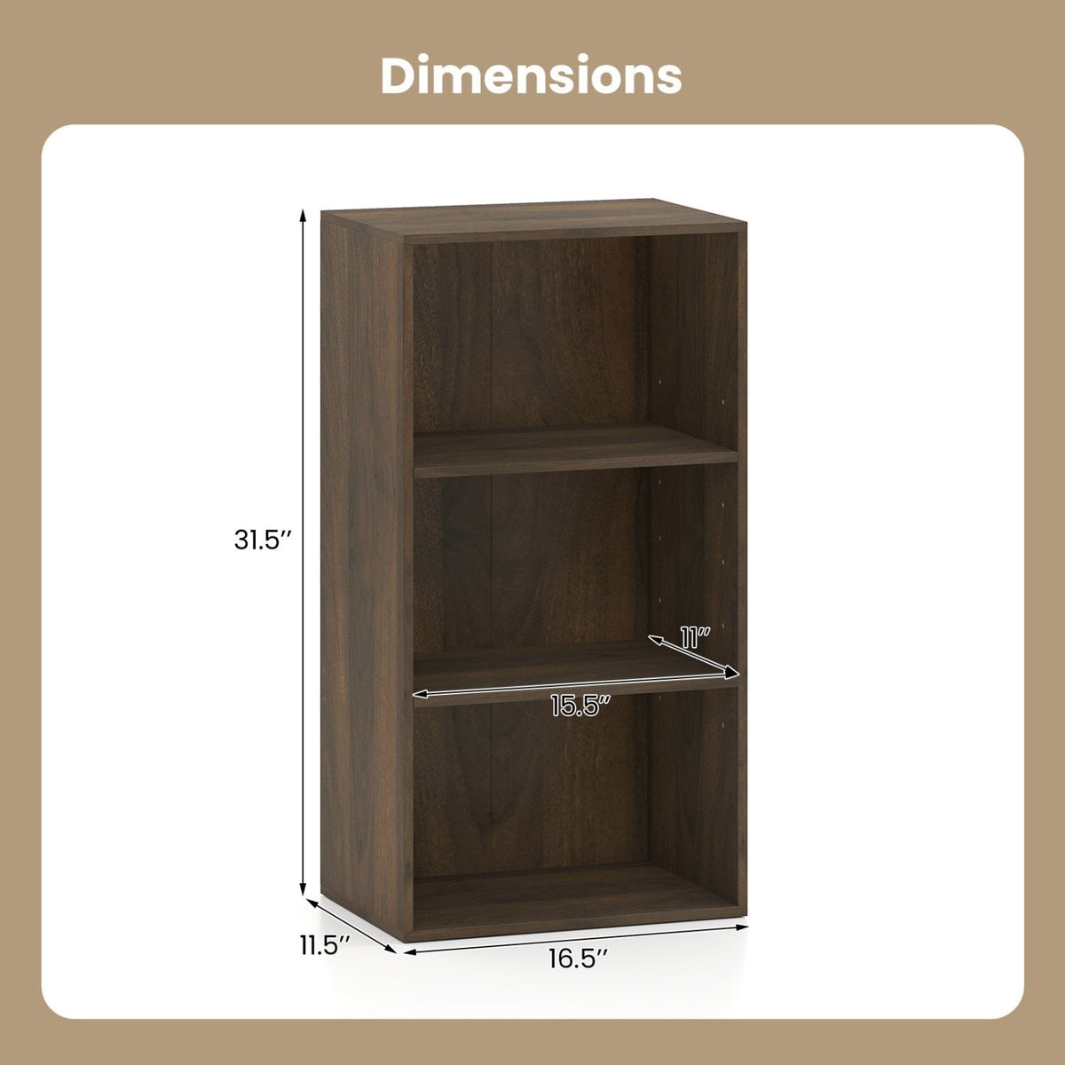 3 Shelf Walnut Bookcase, Compact Open Storage Cabinet with Adjustable Shelves