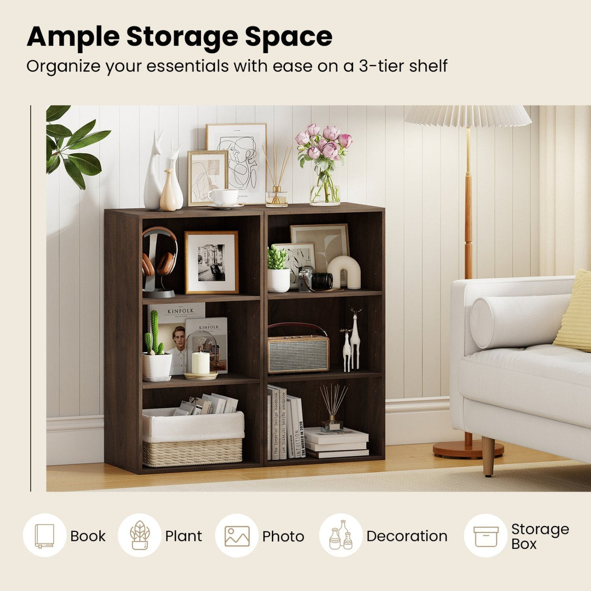 3 Shelf Walnut Bookcase, Compact Open Storage Cabinet with Adjustable Shelves