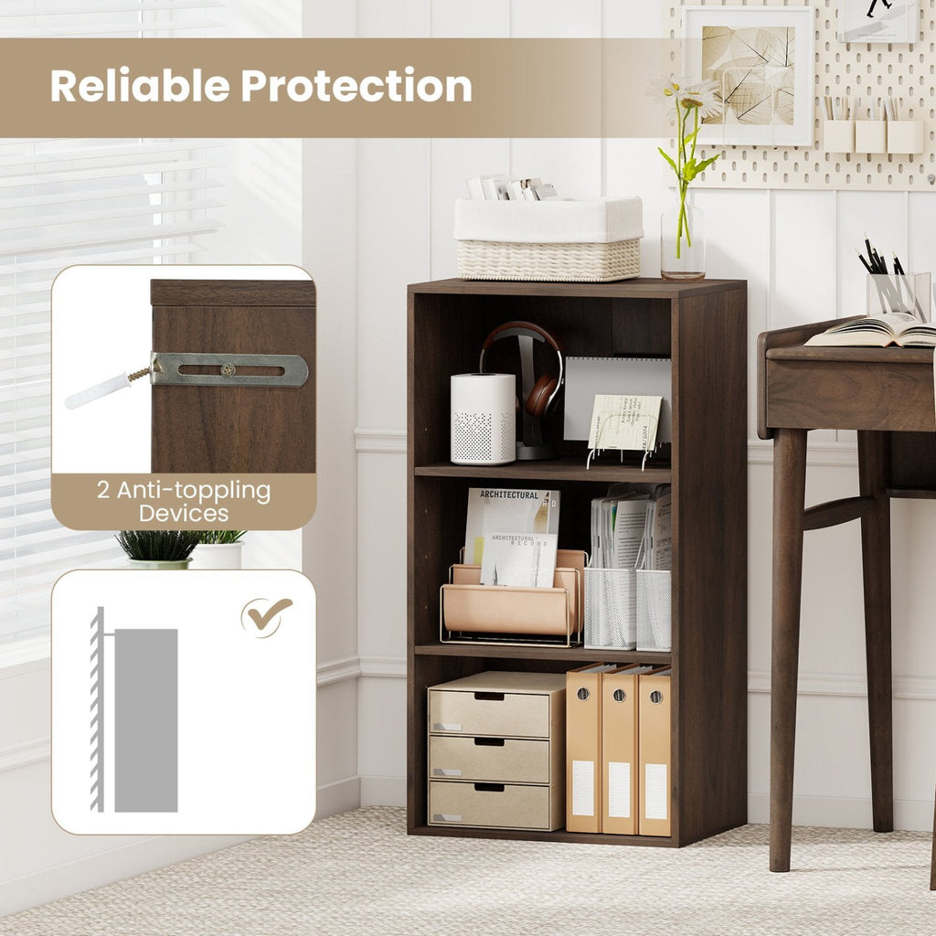 3 Shelf Walnut Bookcase, Compact Open Storage Cabinet with Adjustable Shelves
