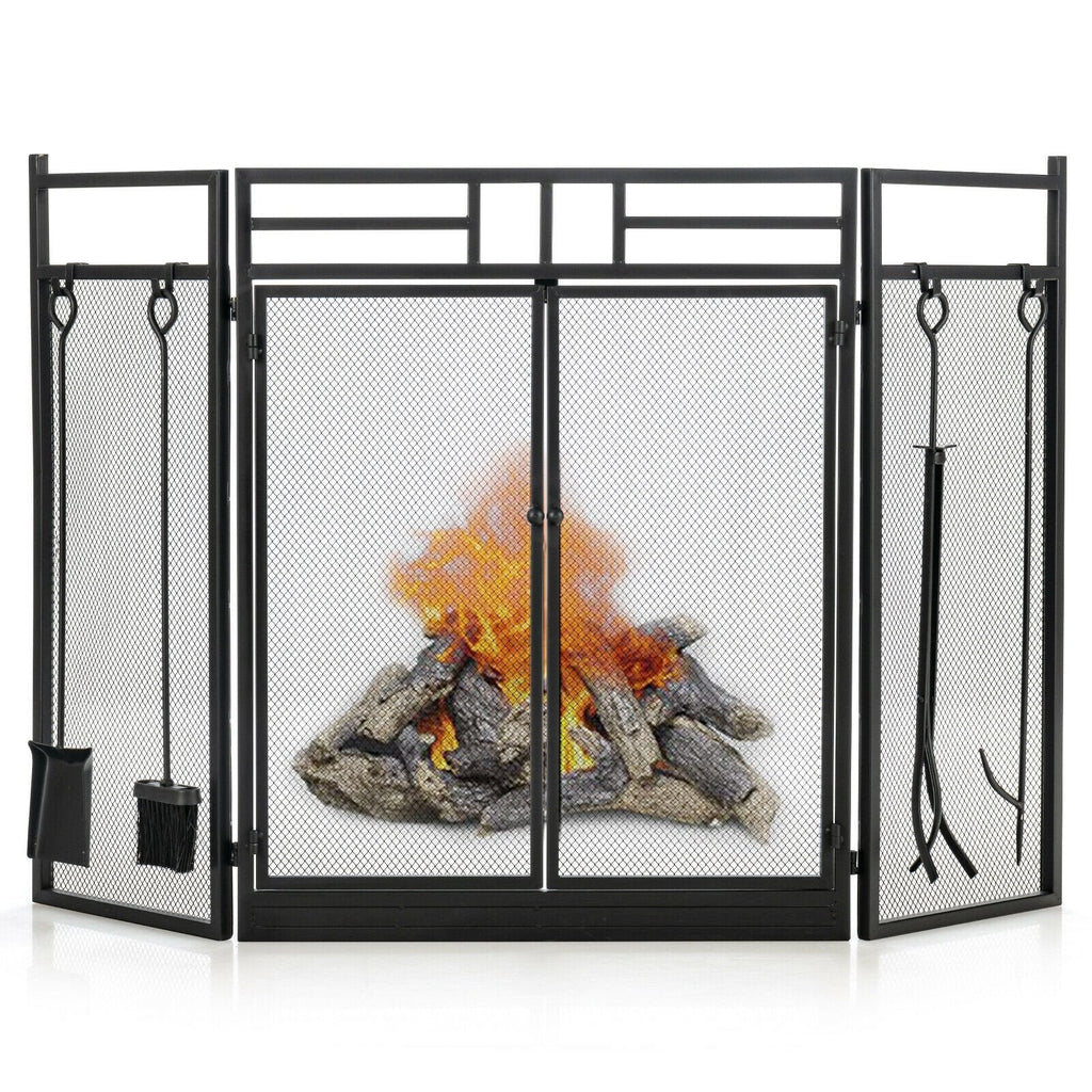 3-Panel Folding Wrought Iron Fireplace Screen with 4 Pieces Tools Set-Black