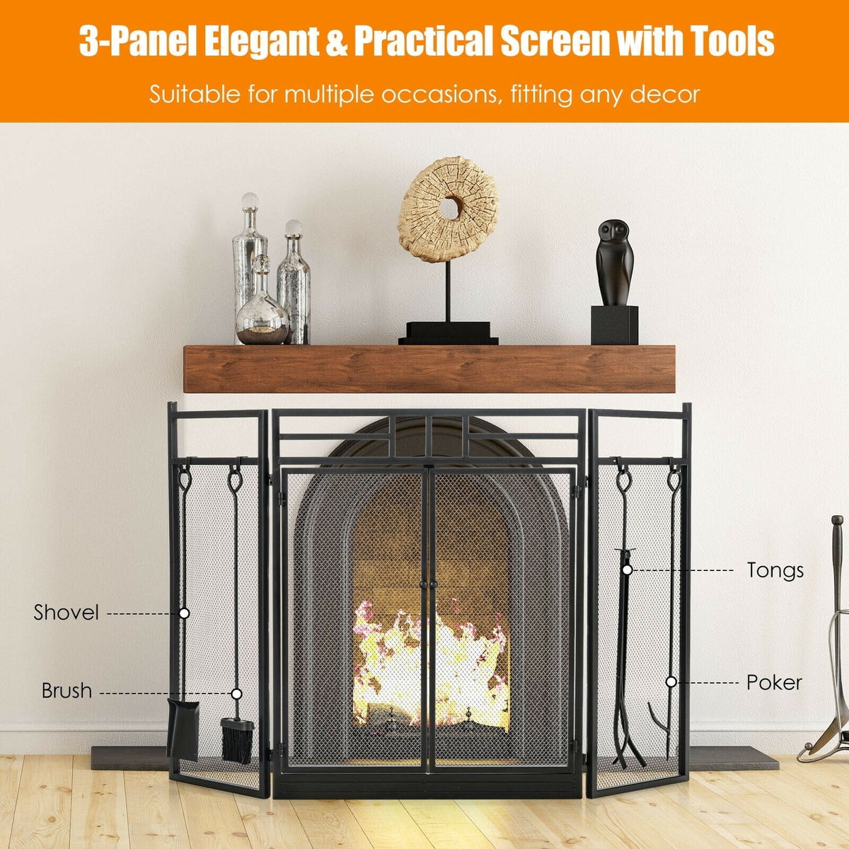 3-Panel Folding Wrought Iron Fireplace Screen with 4 Pieces Tools Set-Black