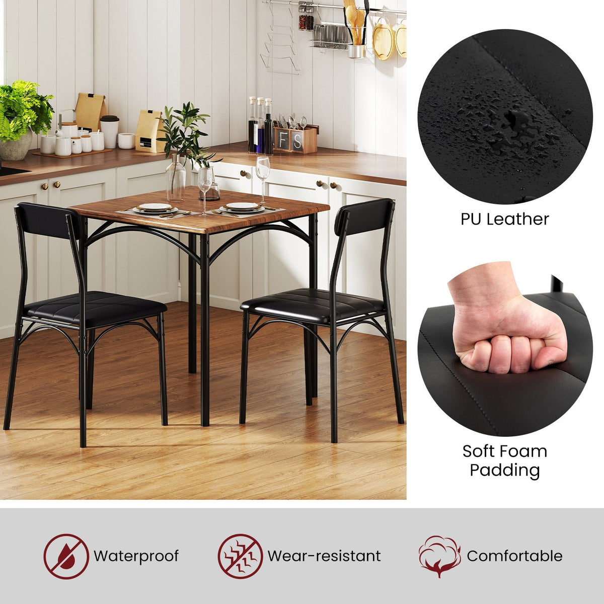 3-Piece Dining Table Set Square Kitchen Table and 2 Chairs for Dining Room-Rustic Brown