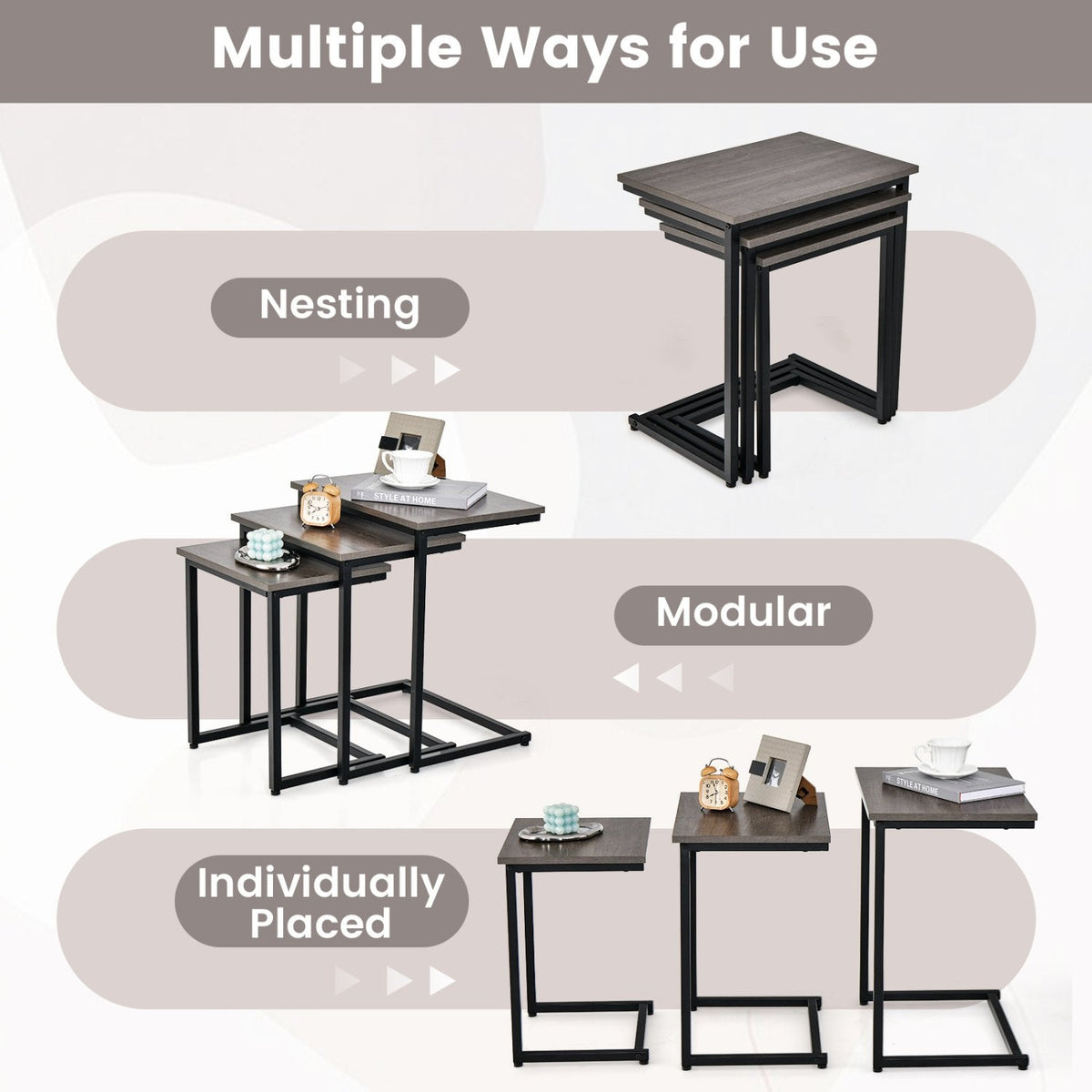 3 Piece Nesting C-Shaped Coffee and End Table Set, Oak