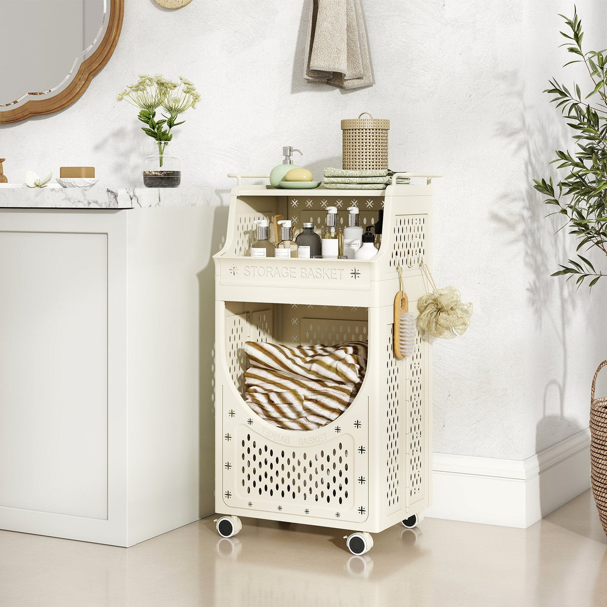 3-Tier Laundry Cart Folding Hamper with Lockable Wheels
