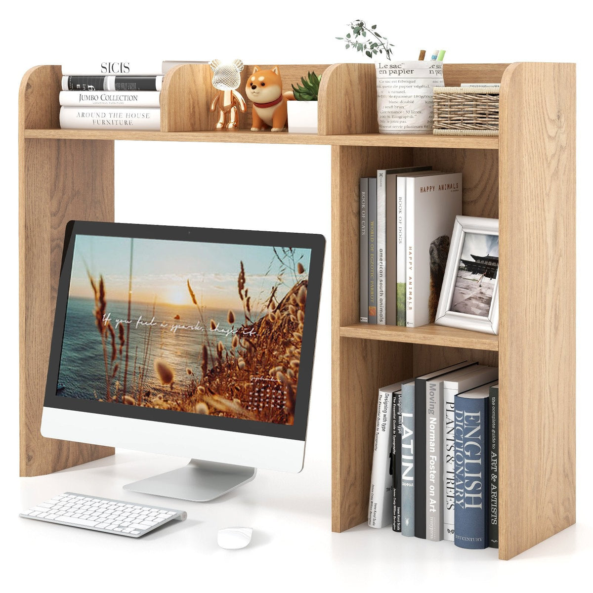 Desktop Bookshelf and Monitor Stand with Open Back Compartment, Natural Wood Look