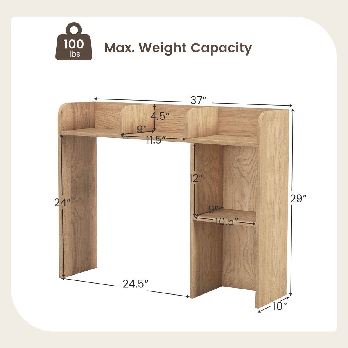 Desktop Bookshelf and Monitor Stand with Open Back Compartment, Natural Wood Look
