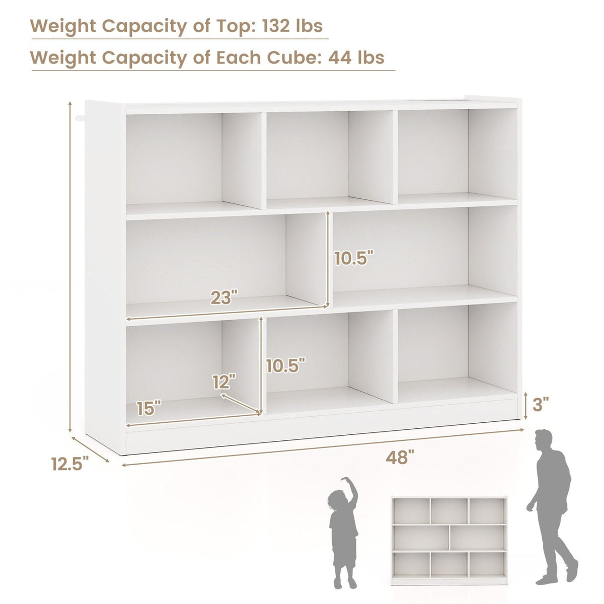 3 Tier Open Bookcase with 8 Cubes, Low Storage and Display Unit, White