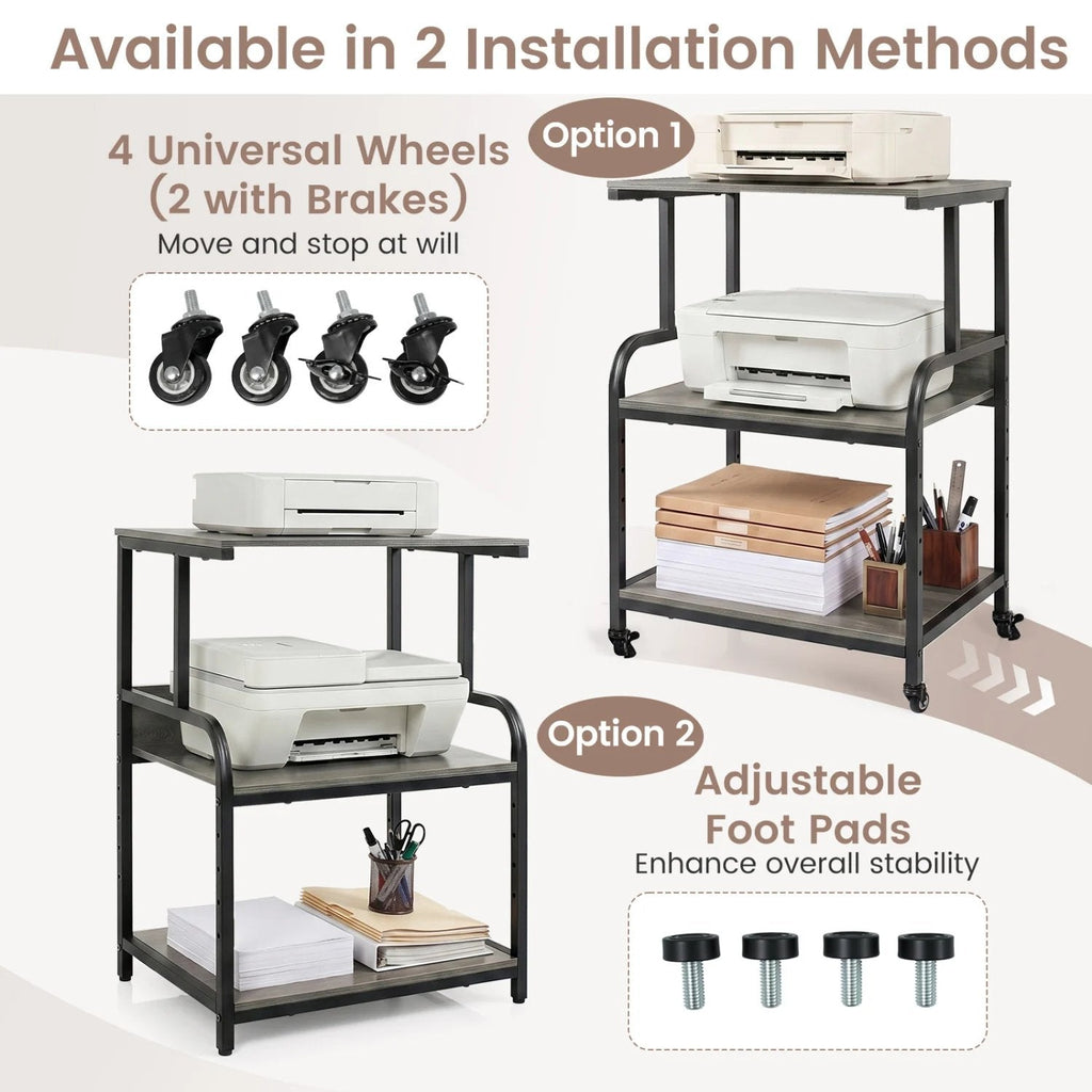 3-Tier Rolling Printer Stand with Adjustable Shelf and Lockable Wheels-Oak
