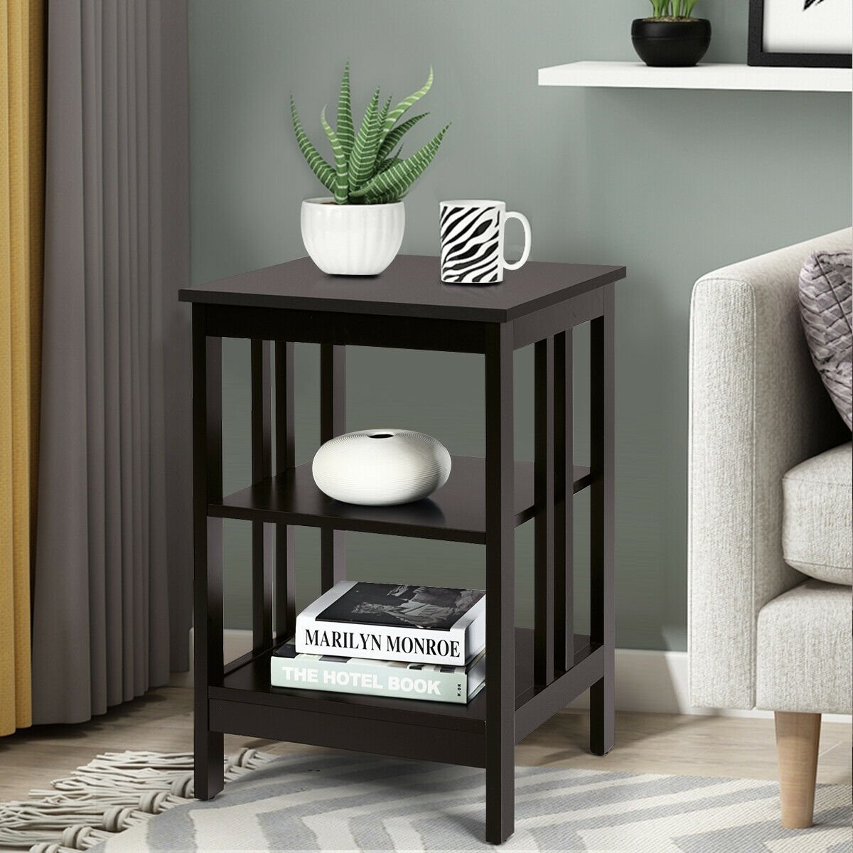 3 Tier Side Table Nightstand with Reinforced Side Bars, Dark Brown