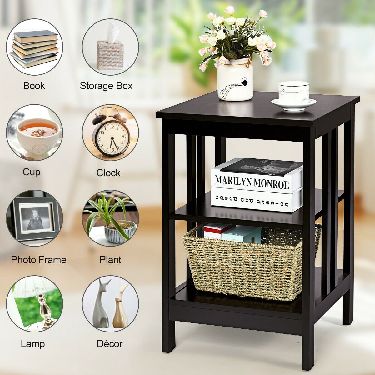 3 Tier Side Table Nightstand with Reinforced Side Bars, Dark Brown