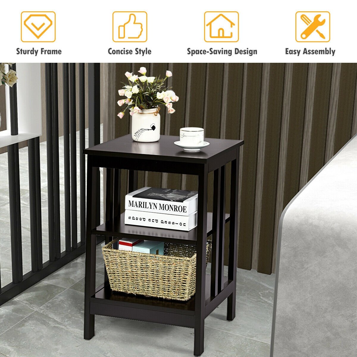 3 Tier Side Table Nightstand with Reinforced Side Bars, Dark Brown