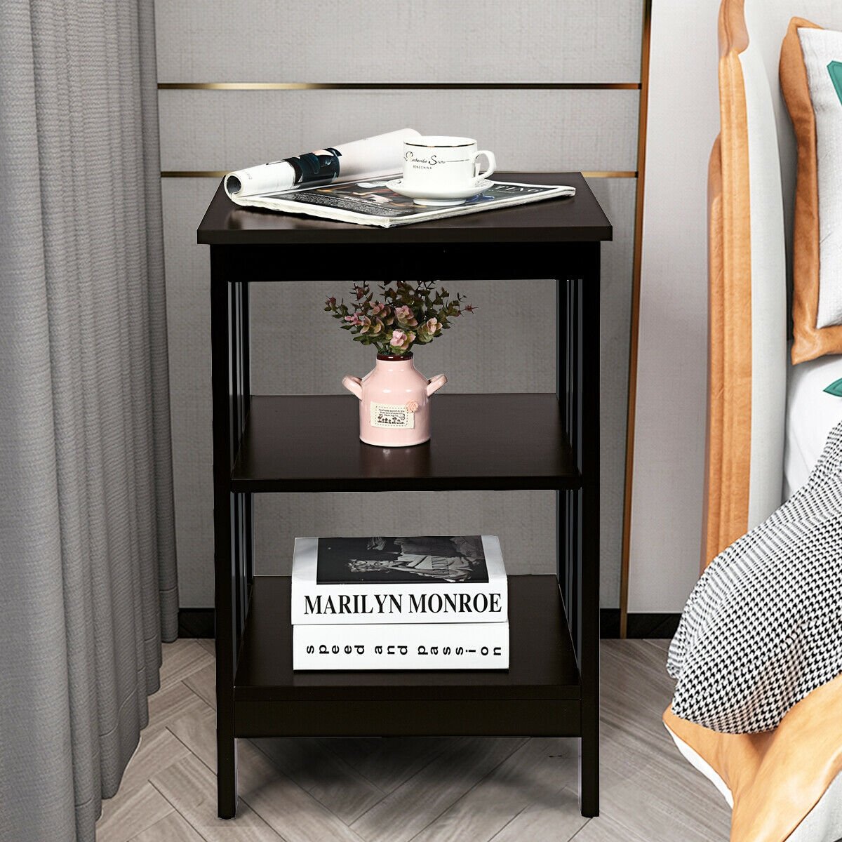 3 Tier Side Table Nightstand with Reinforced Side Bars, Dark Brown