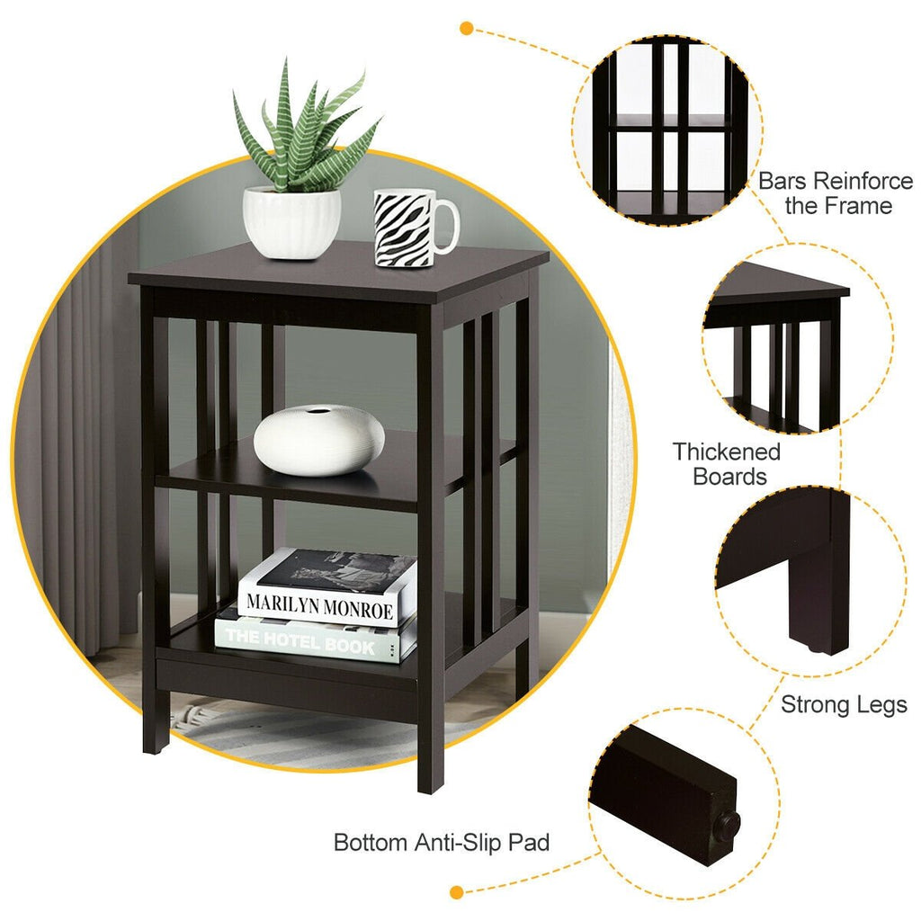 3 Tier Side Table Nightstand with Reinforced Side Bars, Dark Brown