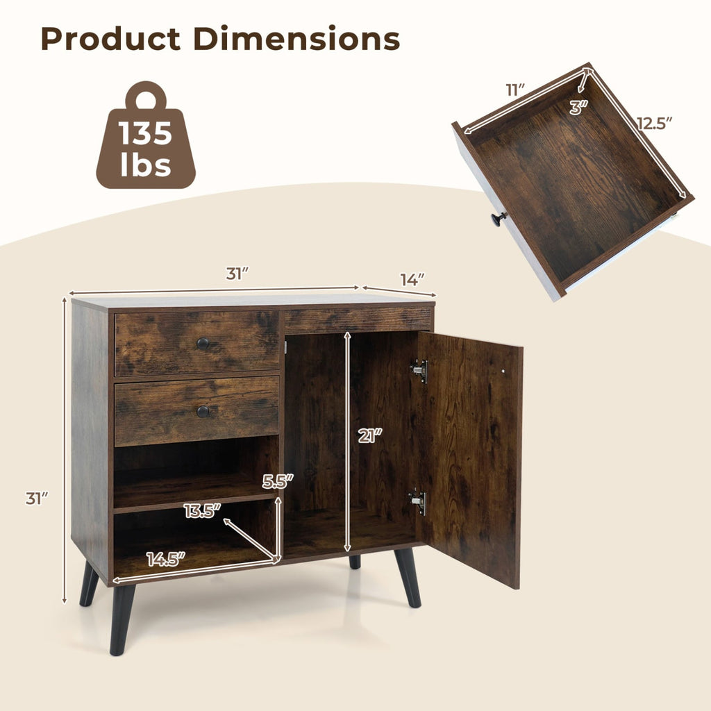31 inches Sideboard Cabinet with 2 Open Compartments and 2 Drawers-Rustic Brown