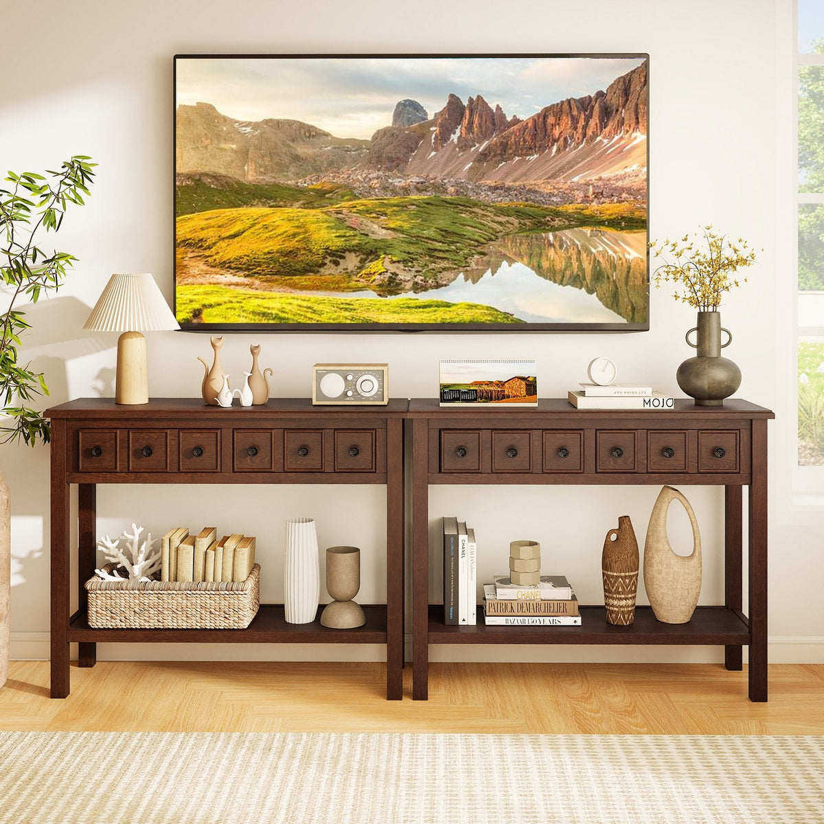 38 Inch Rustic Console Table with 2 Drawers and Bottom Open Shelf-Espresso