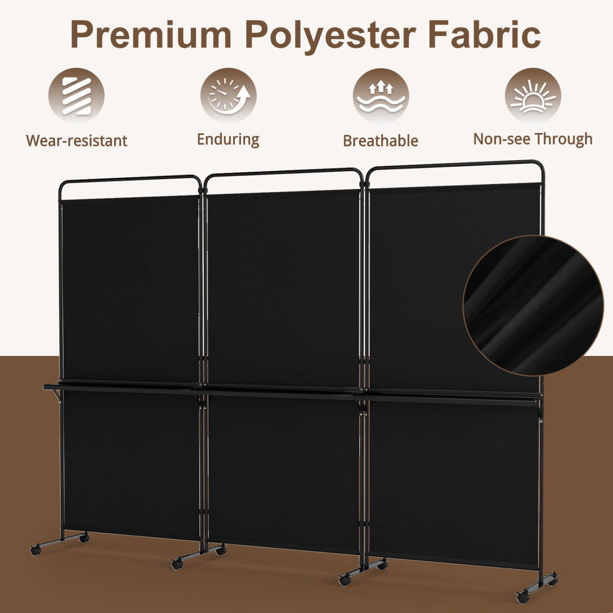 3-Panel Room Divider with Shelves 6 FT Tall Folding Privacy Screen with Lockable Wheels-Black
