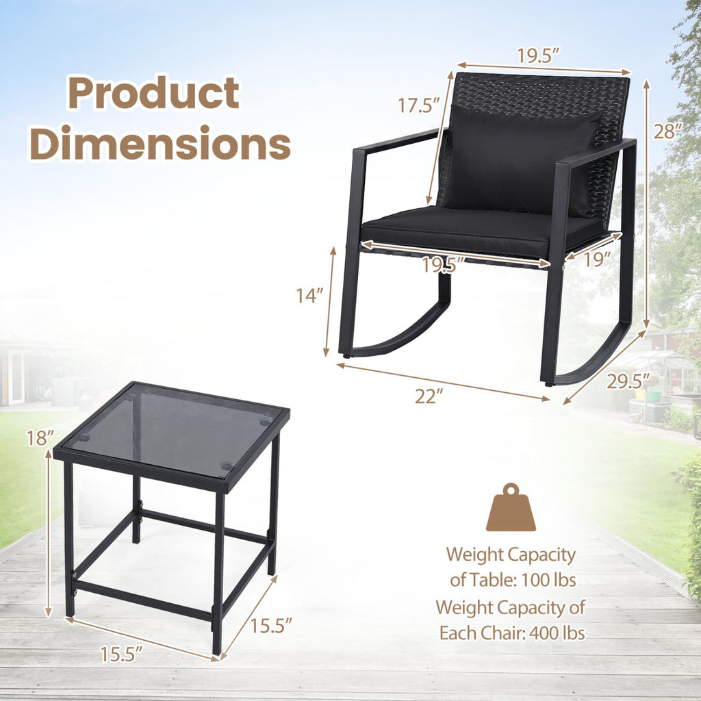 3 Piece Outdoor Rocking Bistro Set with Wood Armrests, Thick Black Cushions and 15.5 in Tempered Glass Side Table