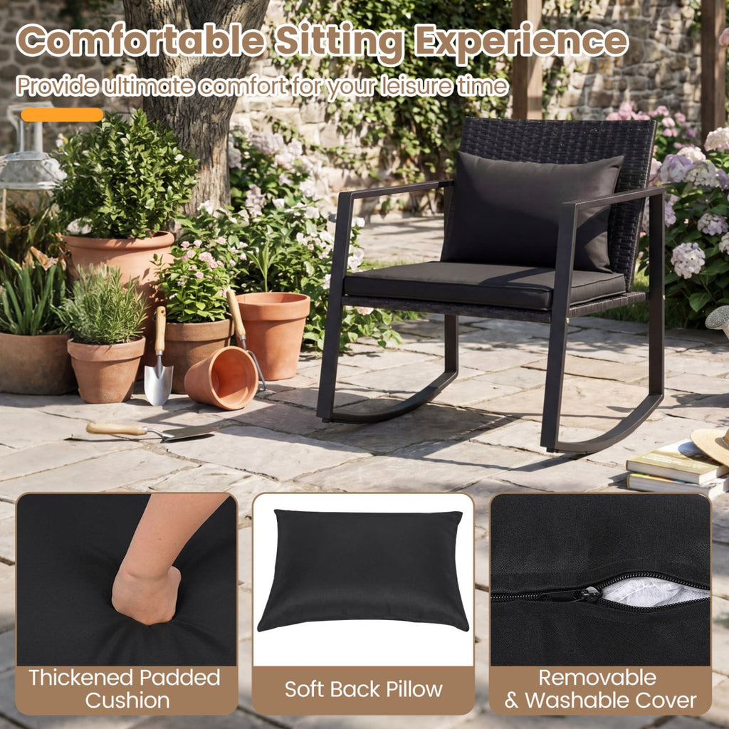 3 Piece Outdoor Rocking Bistro Set with Wood Armrests, Thick Black Cushions and 15.5 in Tempered Glass Side Table