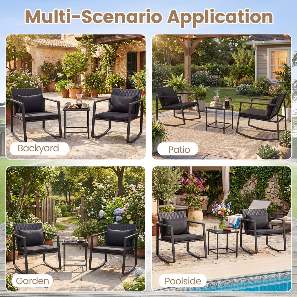3 Piece Outdoor Rocking Bistro Set with Wood Armrests, Thick Black Cushions and 15.5 in Tempered Glass Side Table