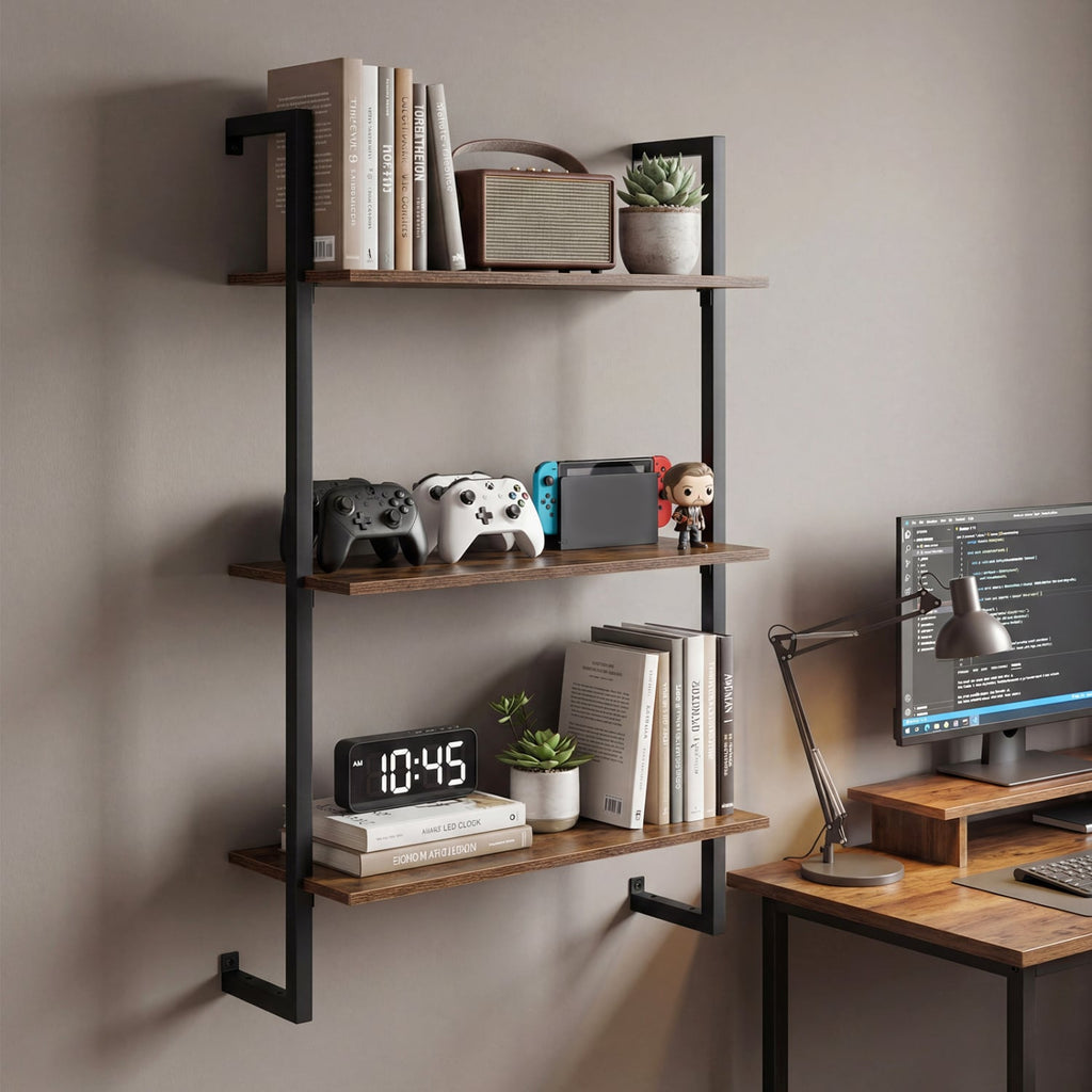 3-Tier Floating Modern Kitchen Shelf for Living Room Home Office and Bathroom-Rustic Brown