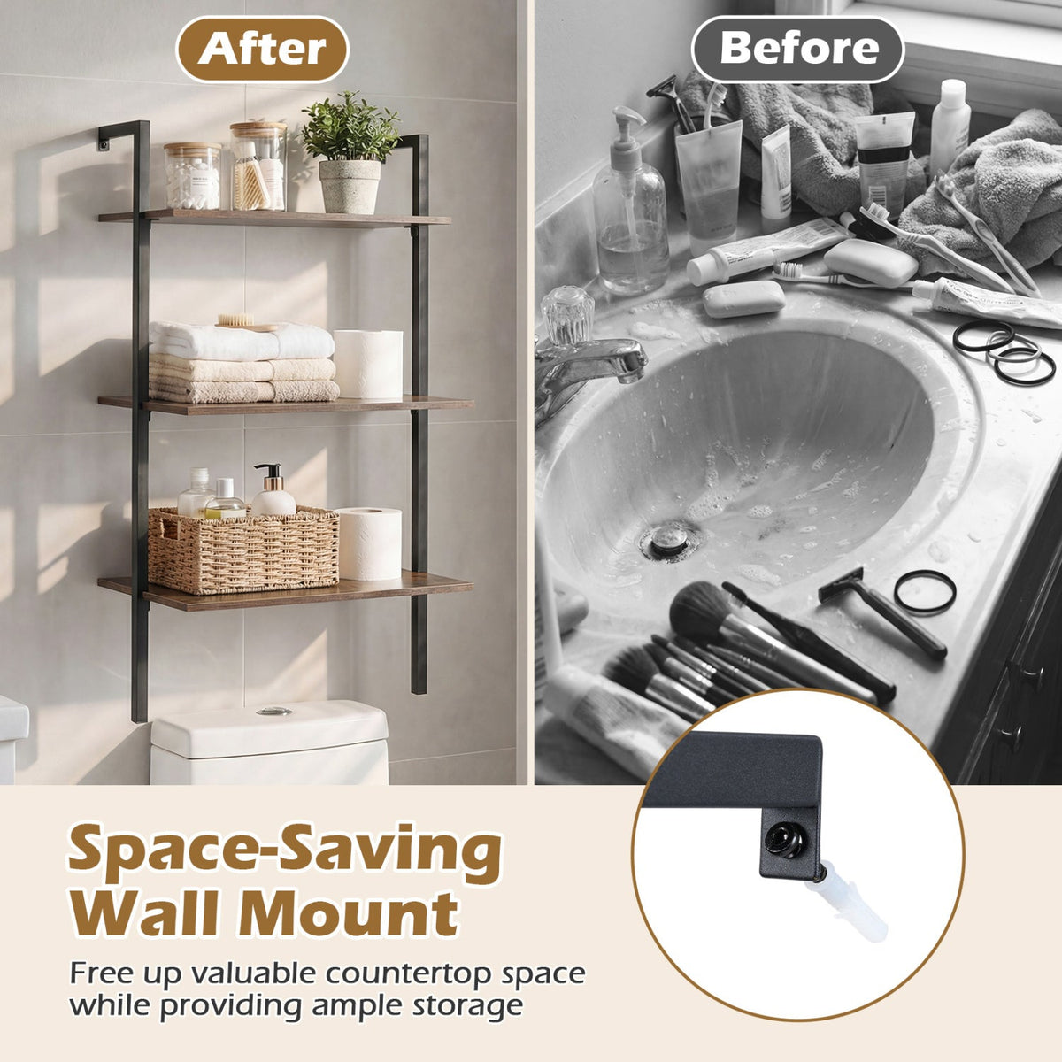 3-Tier Modern Wall Mounted Shelves Wooden Floating Shelving Unit Metal Ladder Bookshelf-Rustic Brown