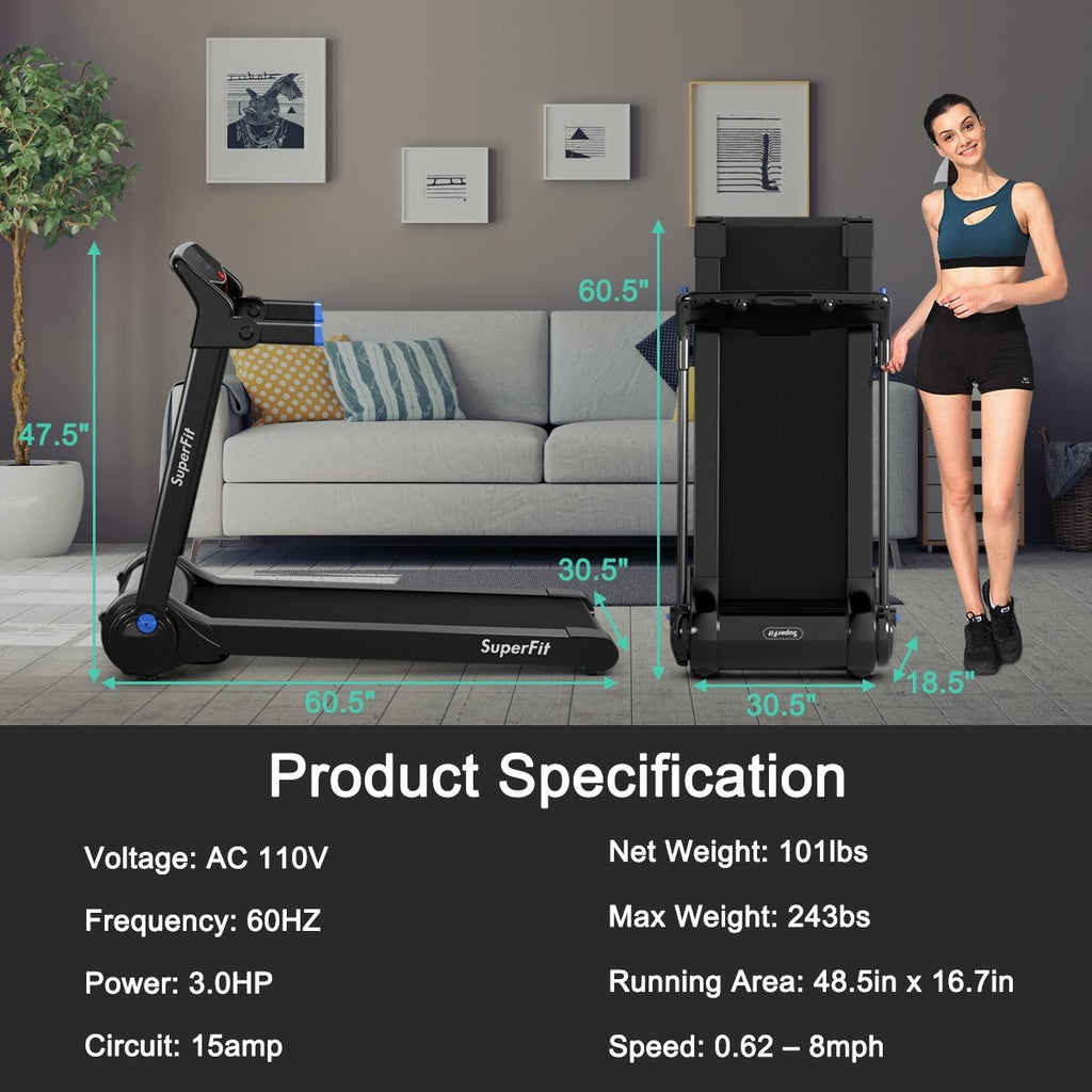 3HP Folding Electric Treadmill Running Machine-Blue