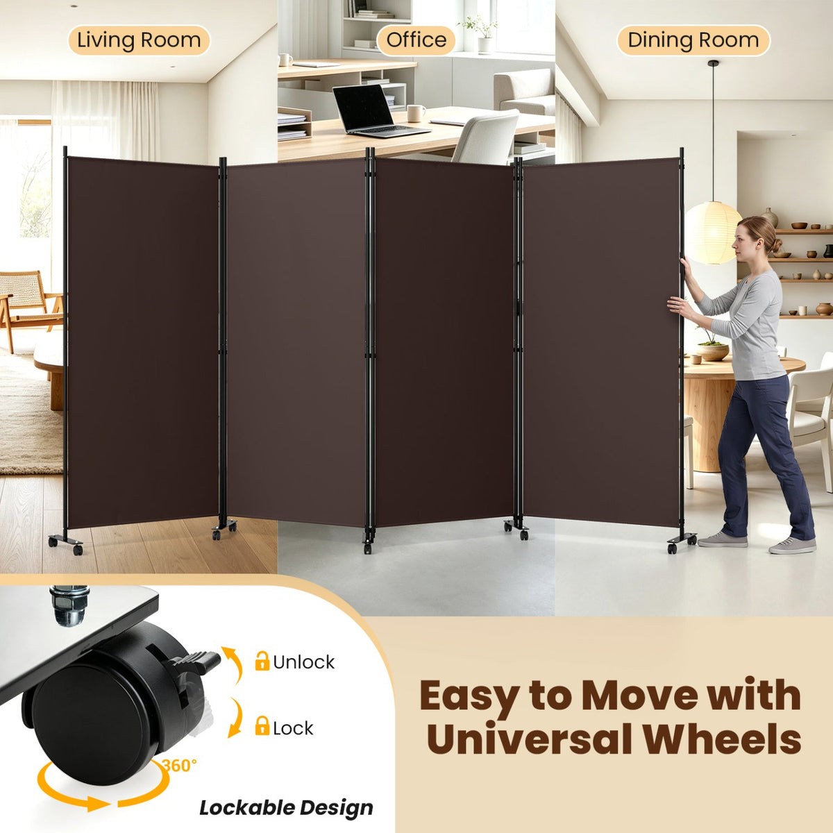 4 Panel Folding Privacy Screen Room Divider with Wheels-Brown