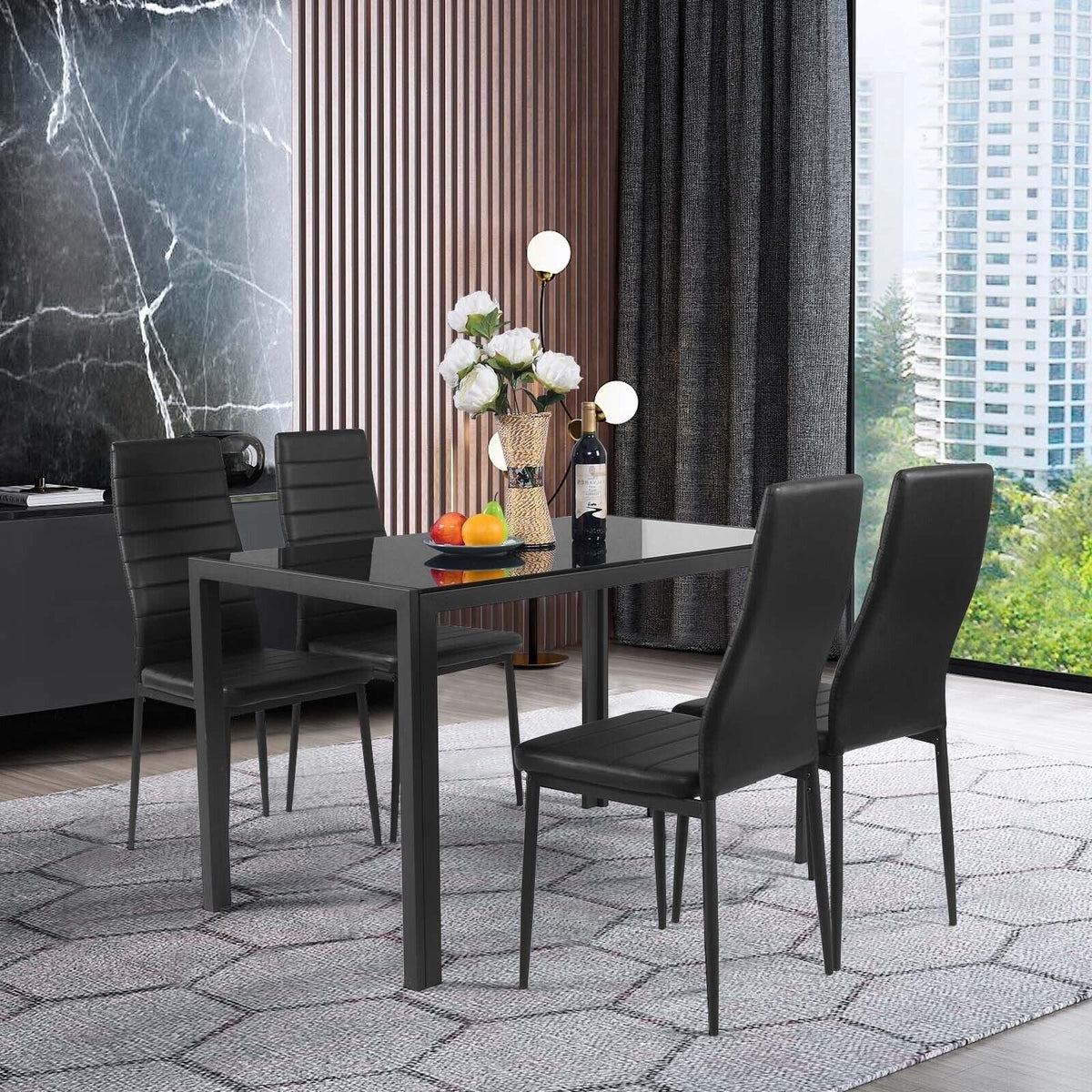 Set of 4 Black Faux Leather High Back Dining Chairs with Metal Legs, 18 Inch Seat Height