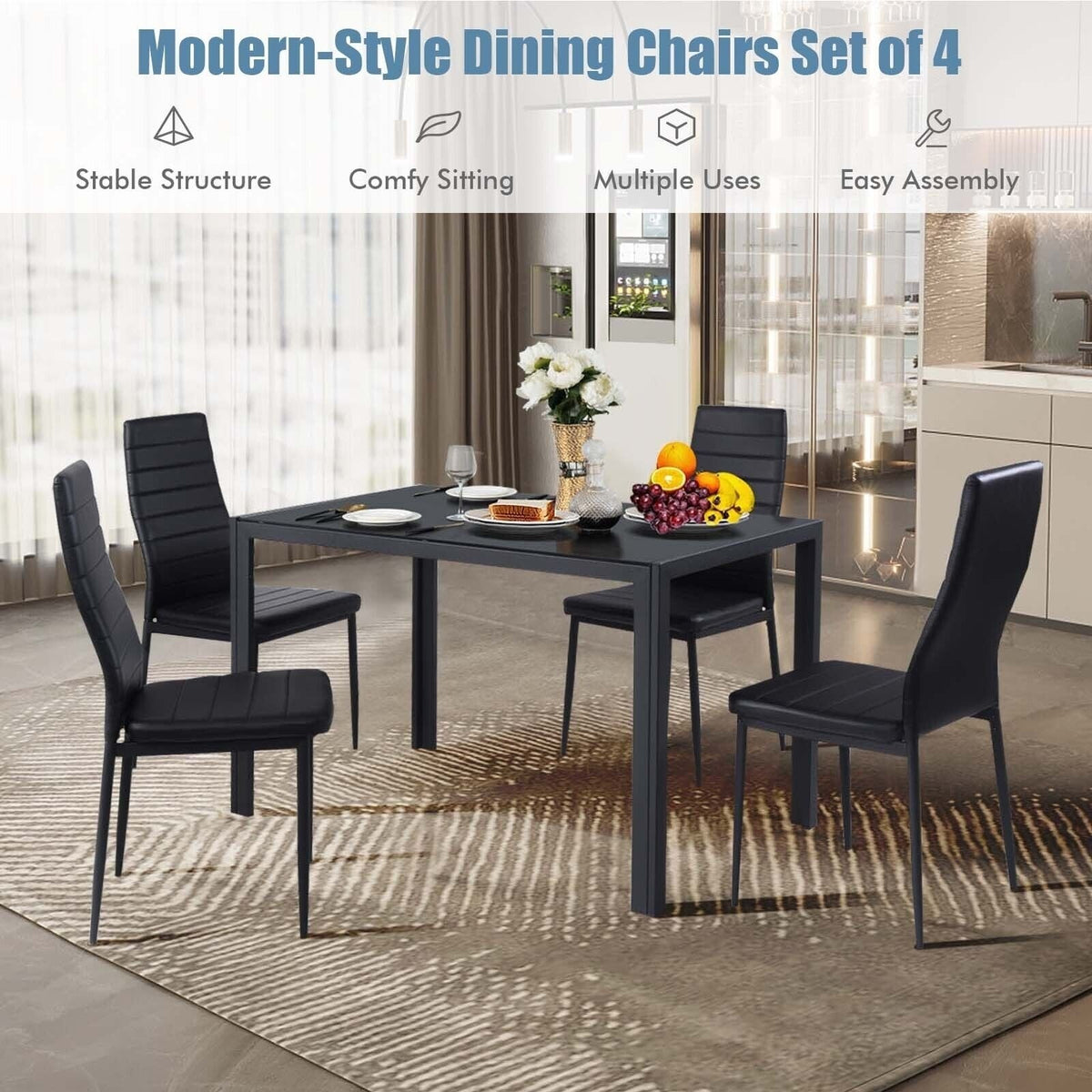 Set of 4 Black Faux Leather High Back Dining Chairs with Metal Legs, 18 Inch Seat Height