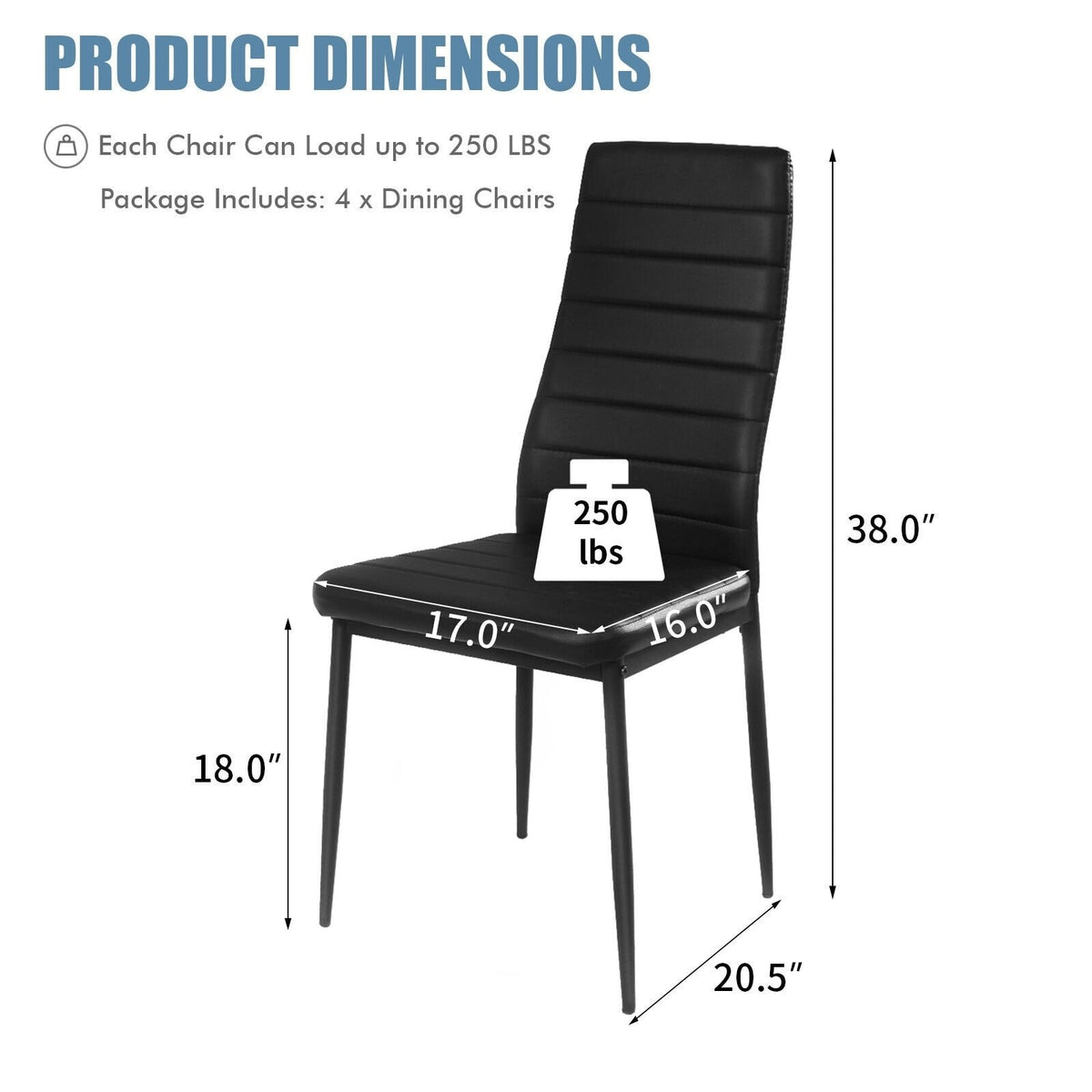 Set of 4 Black Faux Leather High Back Dining Chairs with Metal Legs, 18 Inch Seat Height