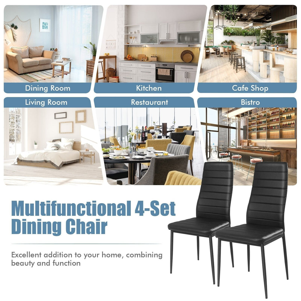 Set of 4 Black Faux Leather High Back Dining Chairs with Metal Legs, 18 Inch Seat Height