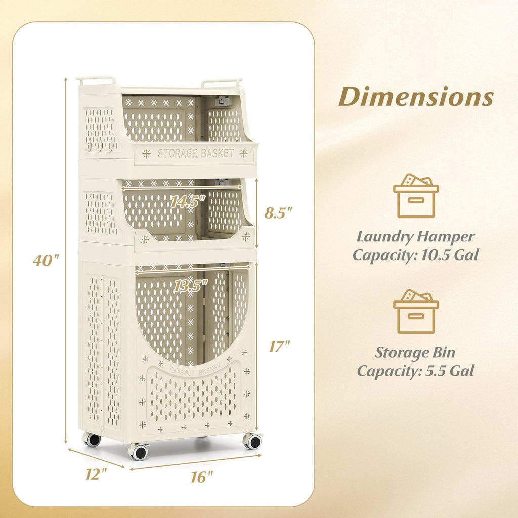 4-Tier Laundry Cart Folding Hamper with Lockable Wheels