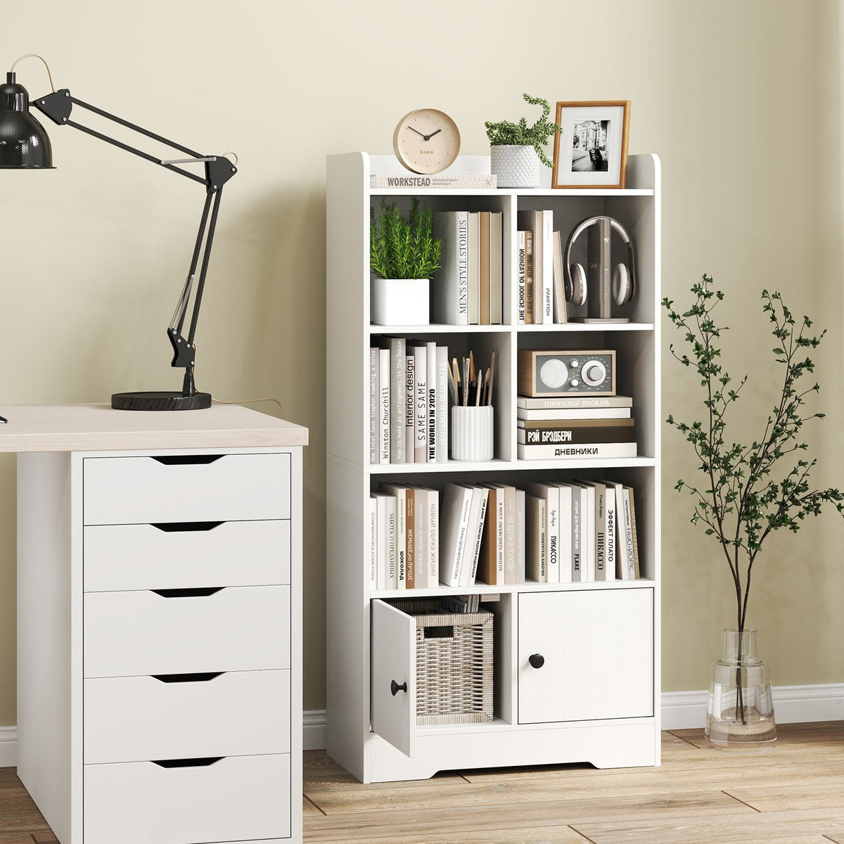 4 Tier Bookshelf with 4 Cubes and a 2 Door Cabinet, White