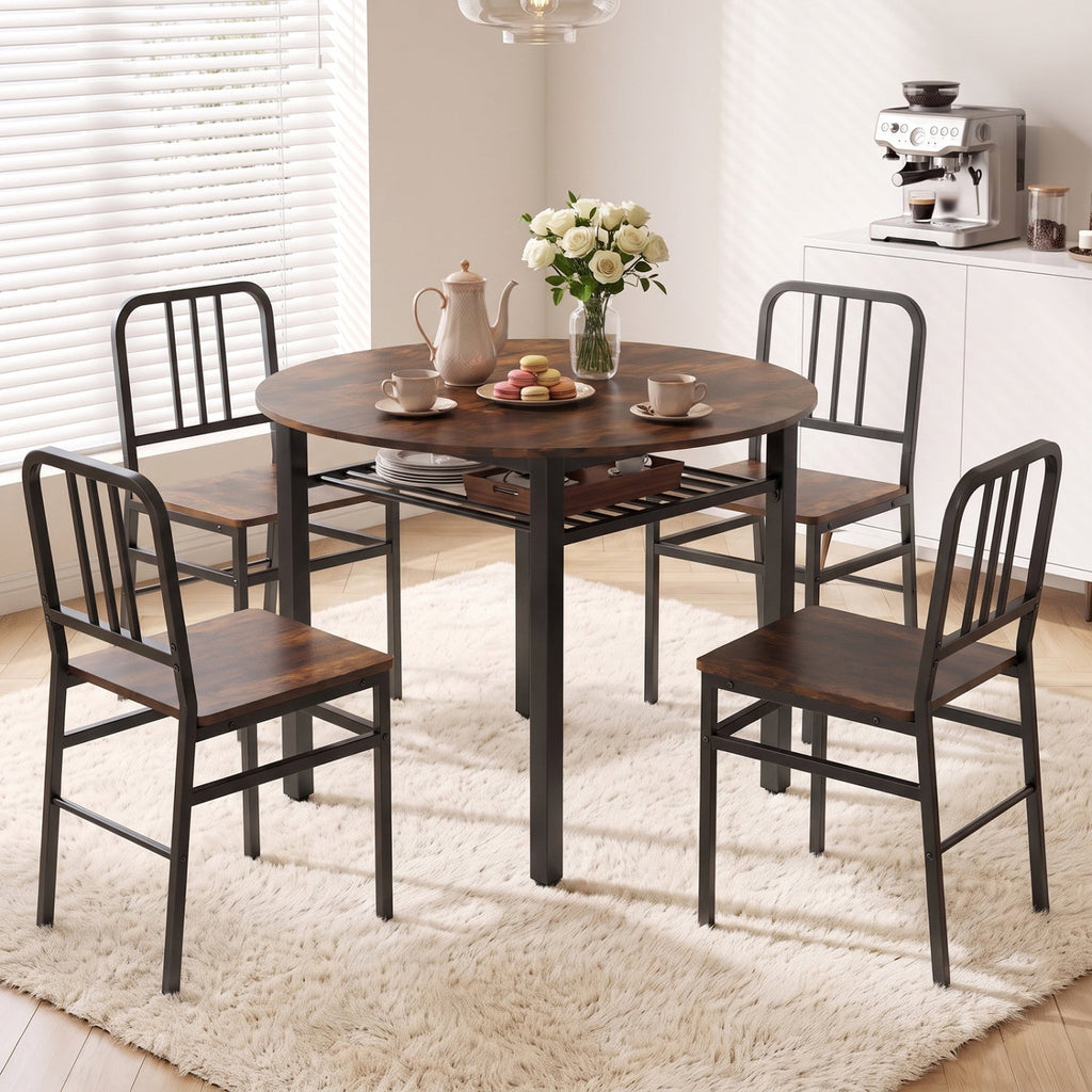 40” Round Kitchen Table with Storage Shelf and Metal Frame for 4 People-Rustic Brown