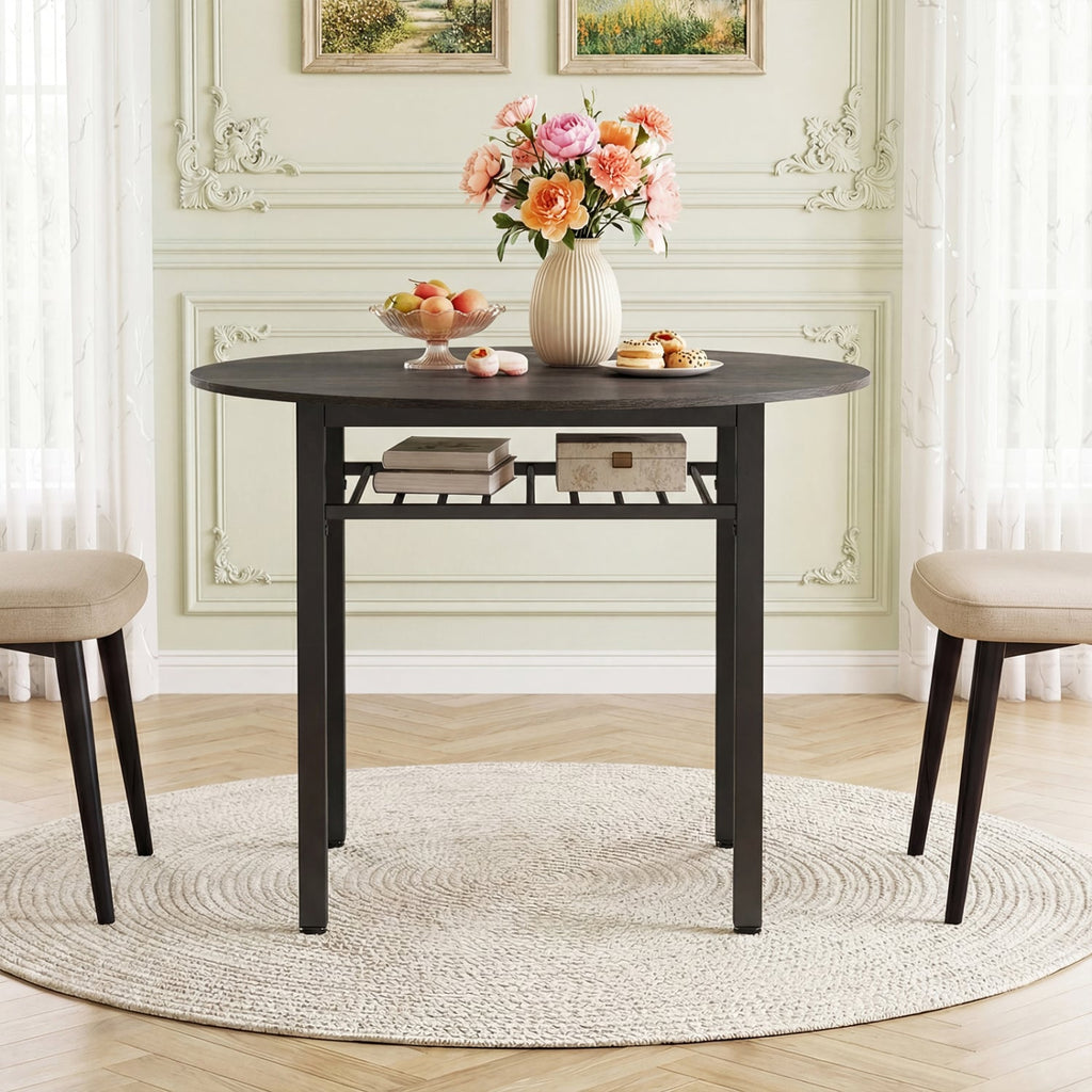 40” Round Kitchen Table with Storage Shelf and Metal Frame for 4 People-Gray