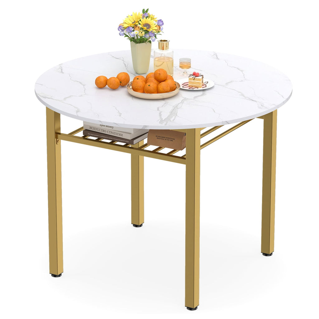 40” Round Kitchen Table with Storage Shelf and Metal Frame for 4 People-White