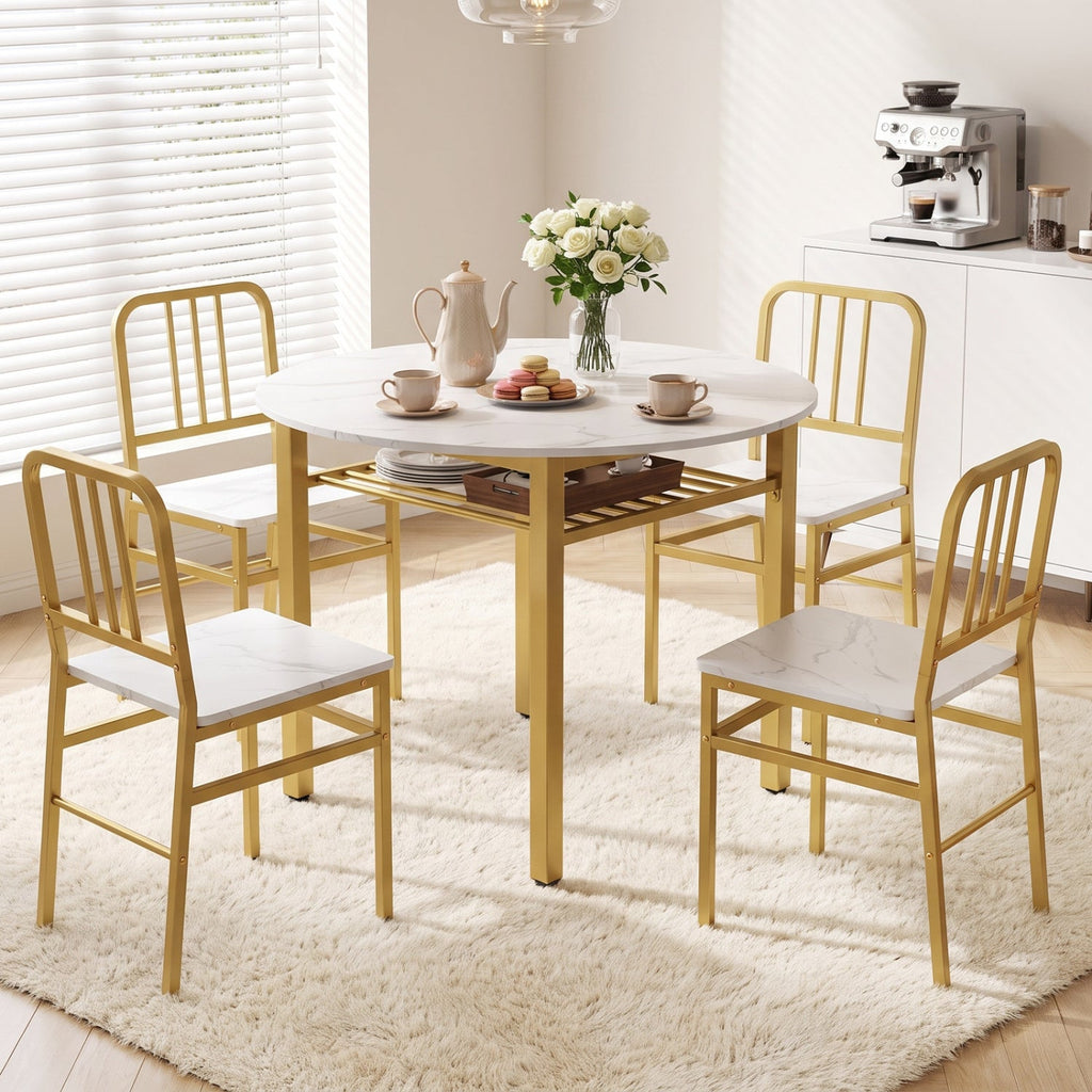 40” Round Kitchen Table with Storage Shelf and Metal Frame for 4 People-White