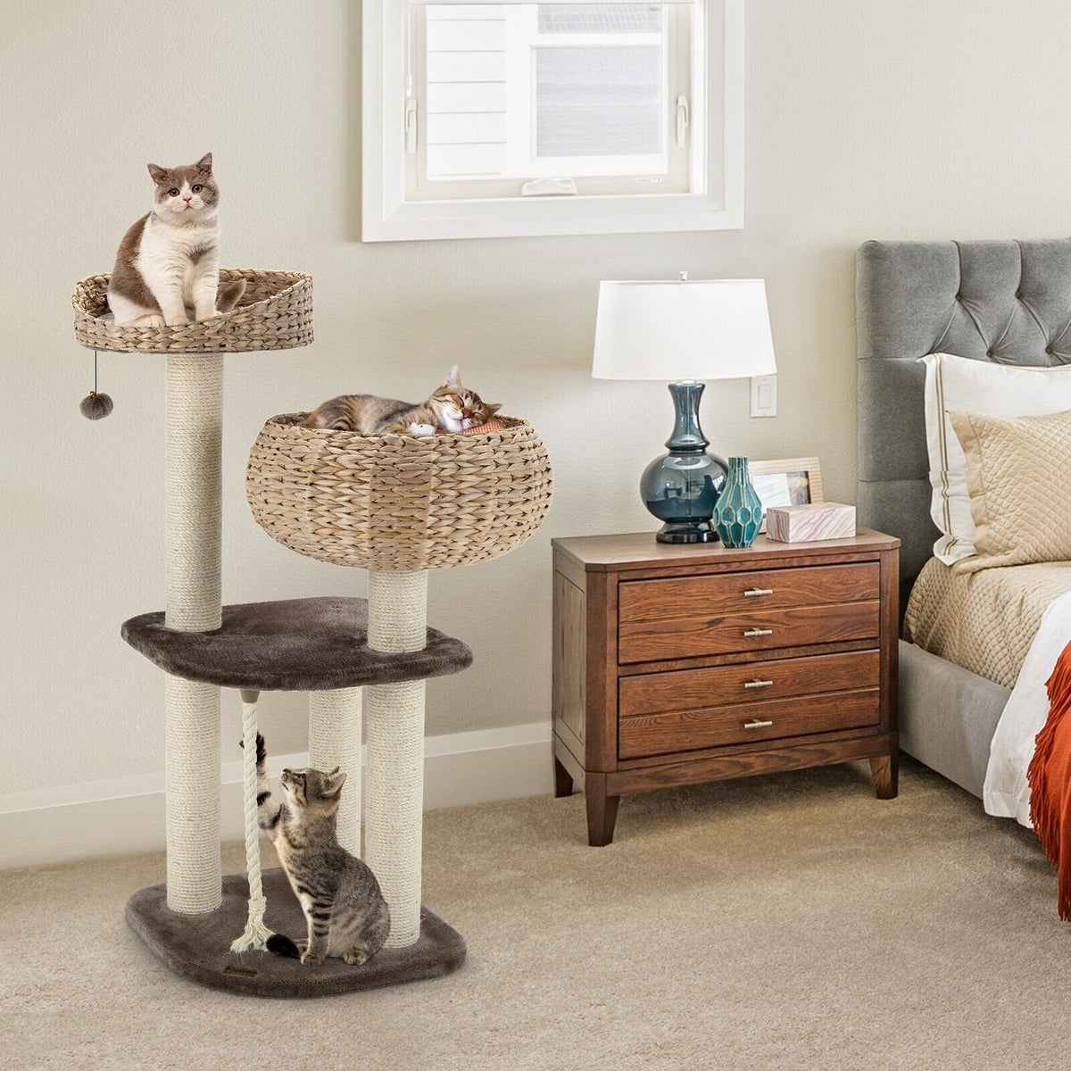 41 Inch Woven Water Hyacinth Cat Tree with Basket Bed and 3 Sisal Pillars, Beige