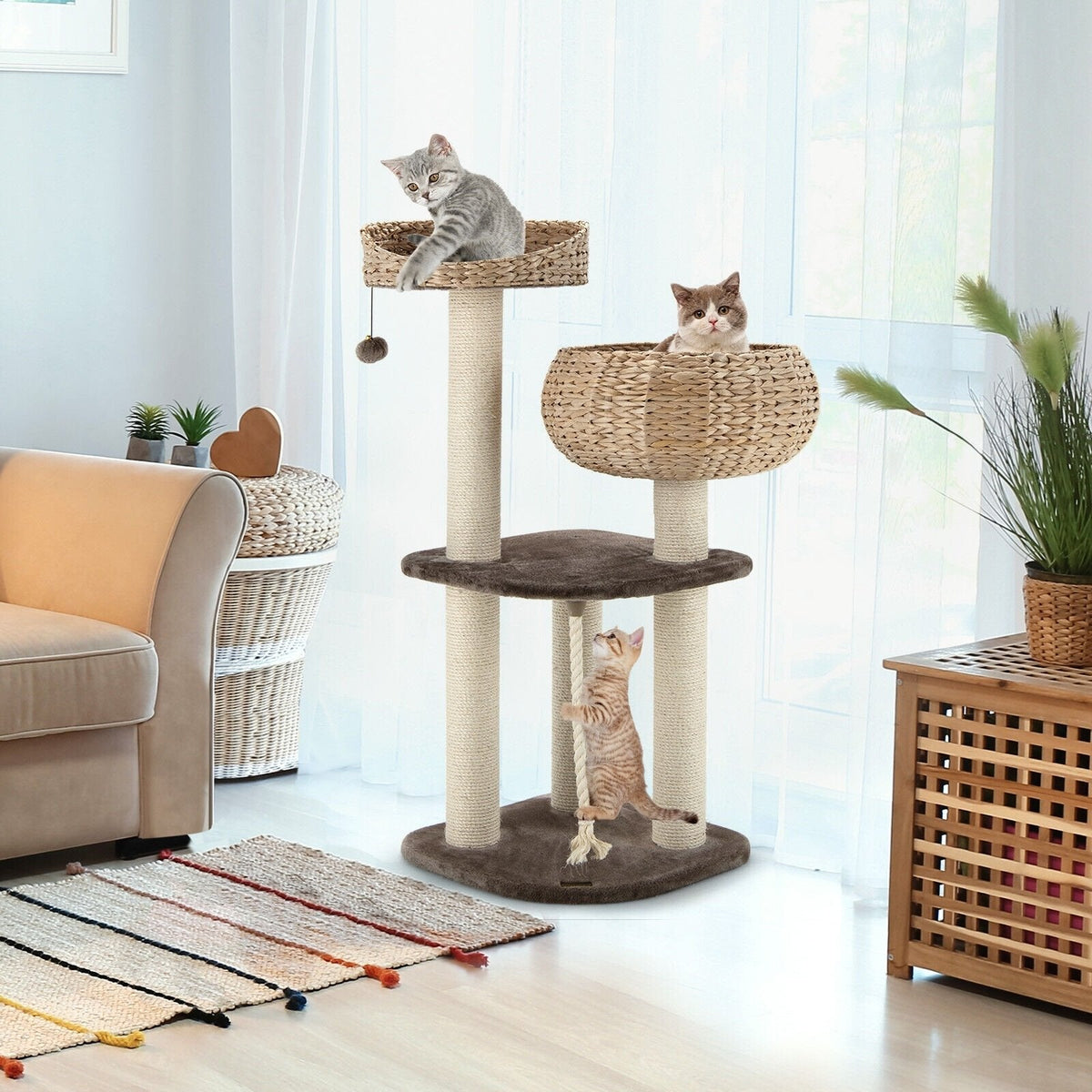 41 Inch Woven Water Hyacinth Cat Tree with Basket Bed and 3 Sisal Pillars, Beige