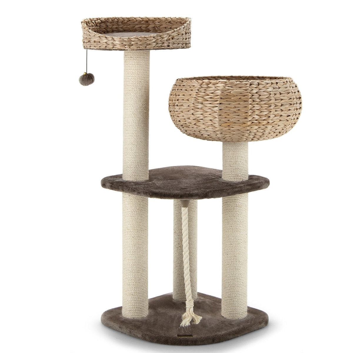 41 Inch Woven Water Hyacinth Cat Tree with Basket Bed and 3 Sisal Pillars, Beige