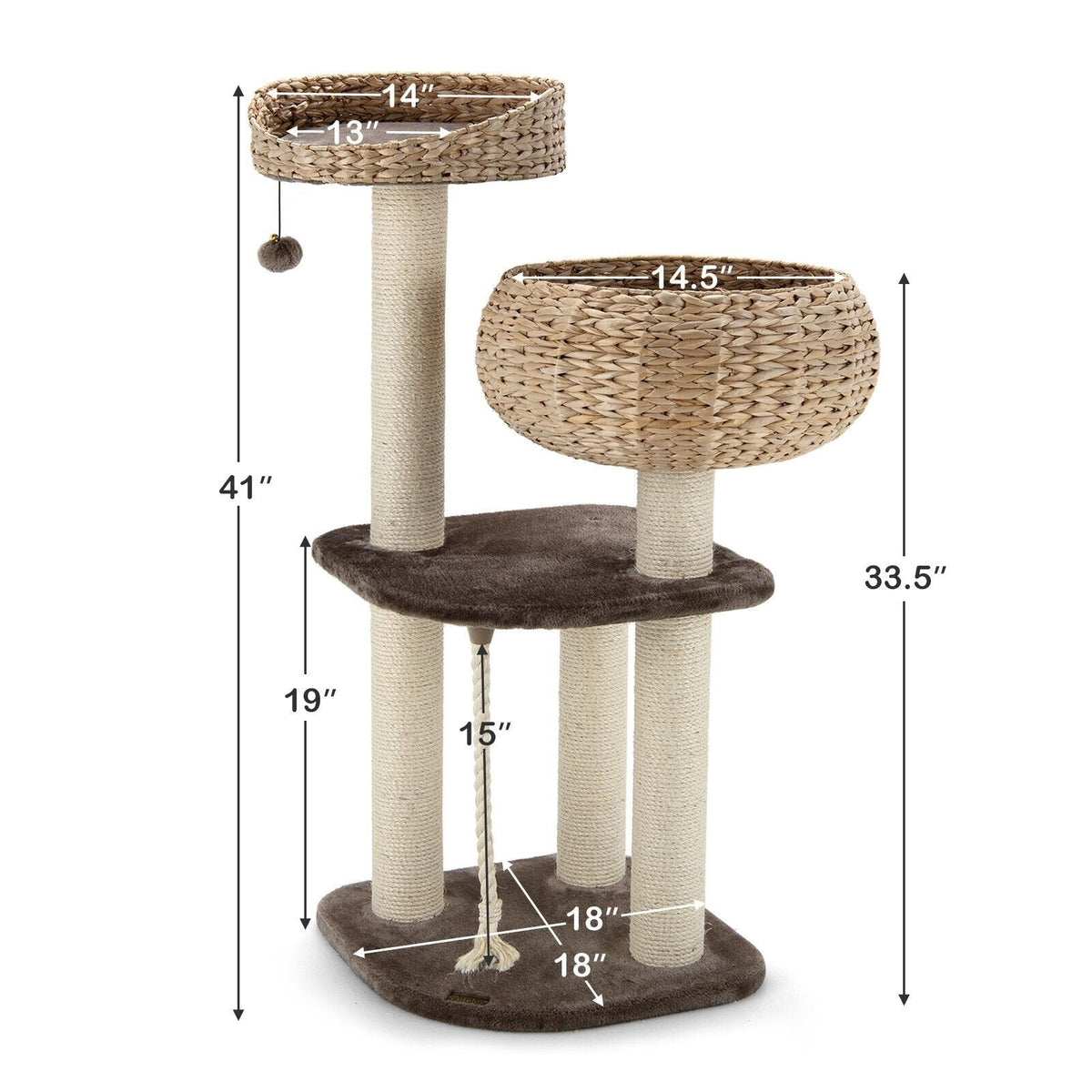 41 Inch Woven Water Hyacinth Cat Tree with Basket Bed and 3 Sisal Pillars, Beige