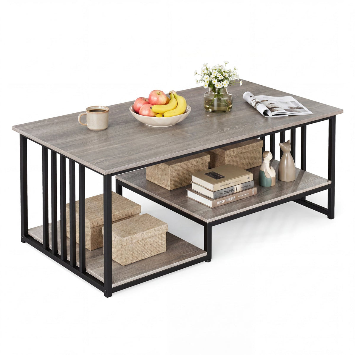 43.5 inches Coffee Table 2-Tier with Open Storage Shelf-Oak