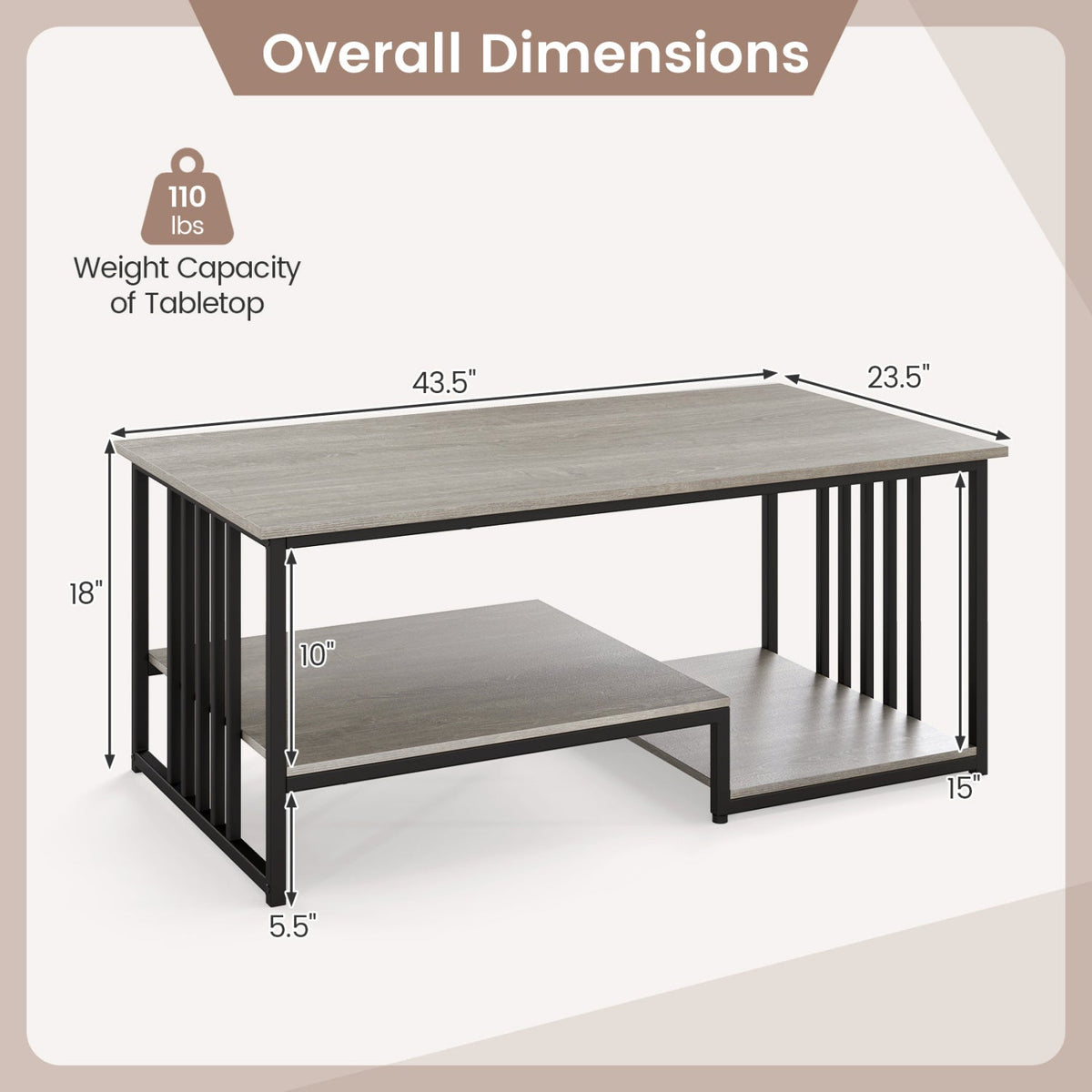 43.5 inches Coffee Table 2-Tier with Open Storage Shelf-Oak