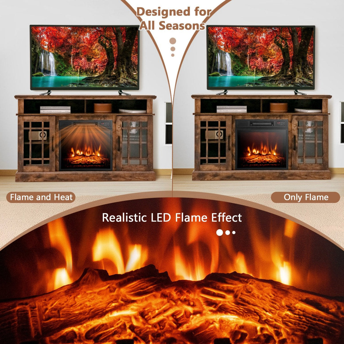 48 Inch Electric Fireplace TV Stand with Cabinets for TVs Up to 55 Inch-Brown