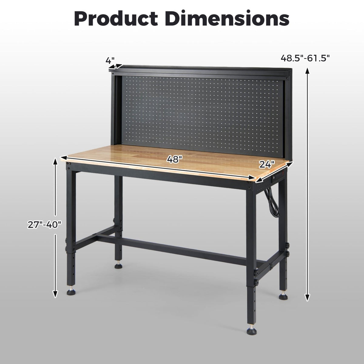 48 Inch Heavy Duty Workbench with AC/USB Outlets and Pegboard-Natural