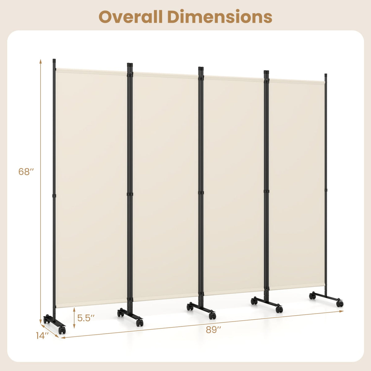 4-Panel Room Divider with Lockable Wheels for Living Room-Beige