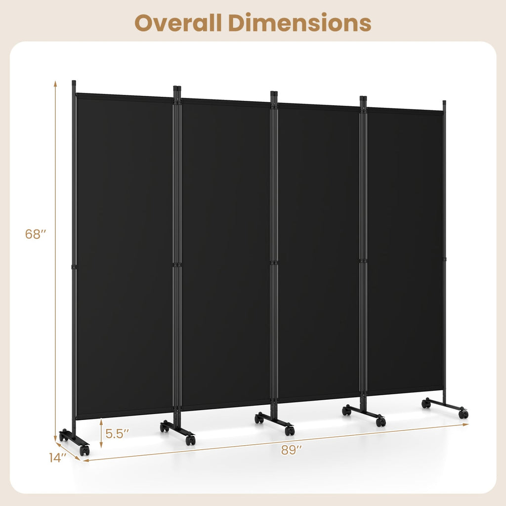 4-Panel Room Divider with Lockable Wheels for Living Room-Black