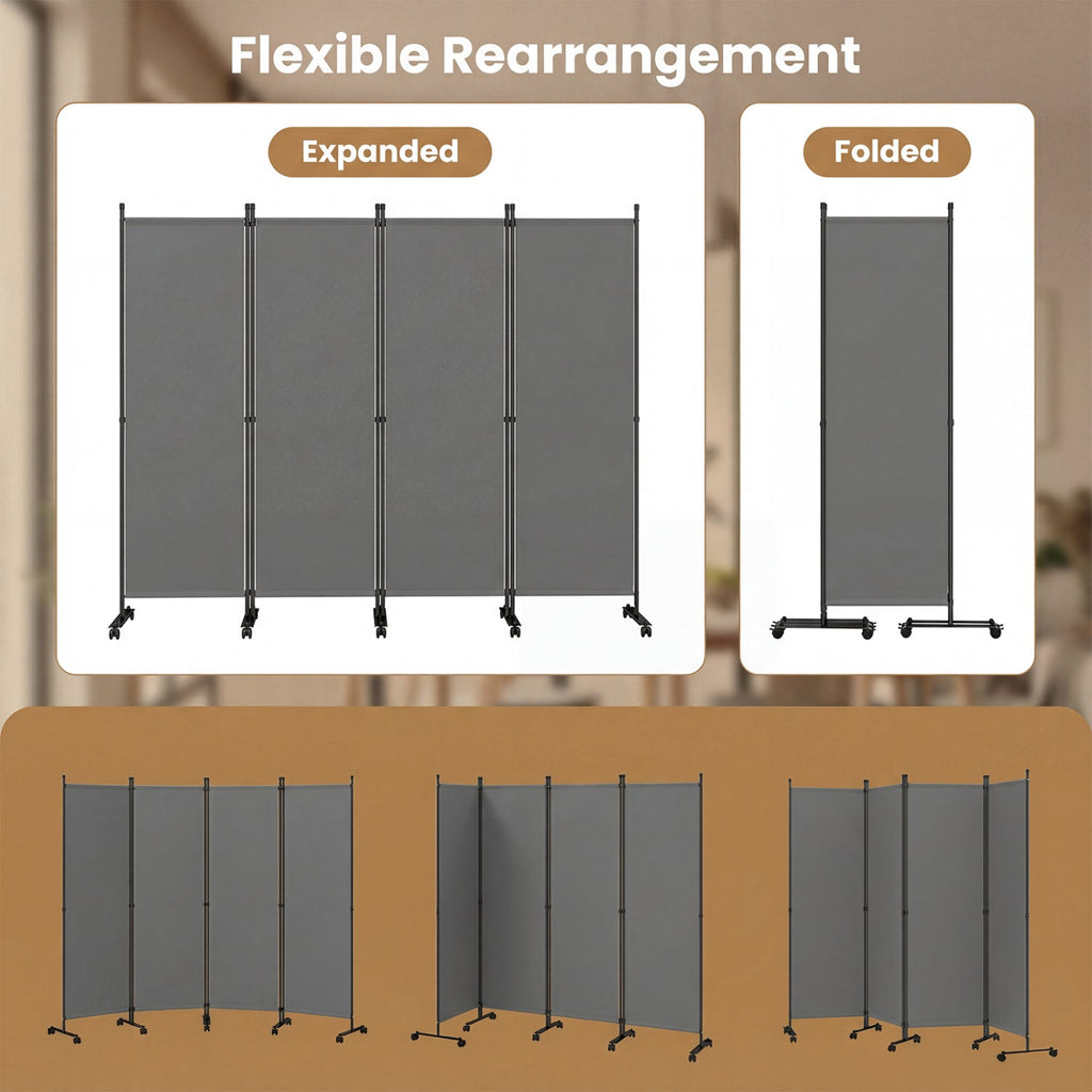 4-Panel Room Divider with Lockable Wheels for Living Room-Gray