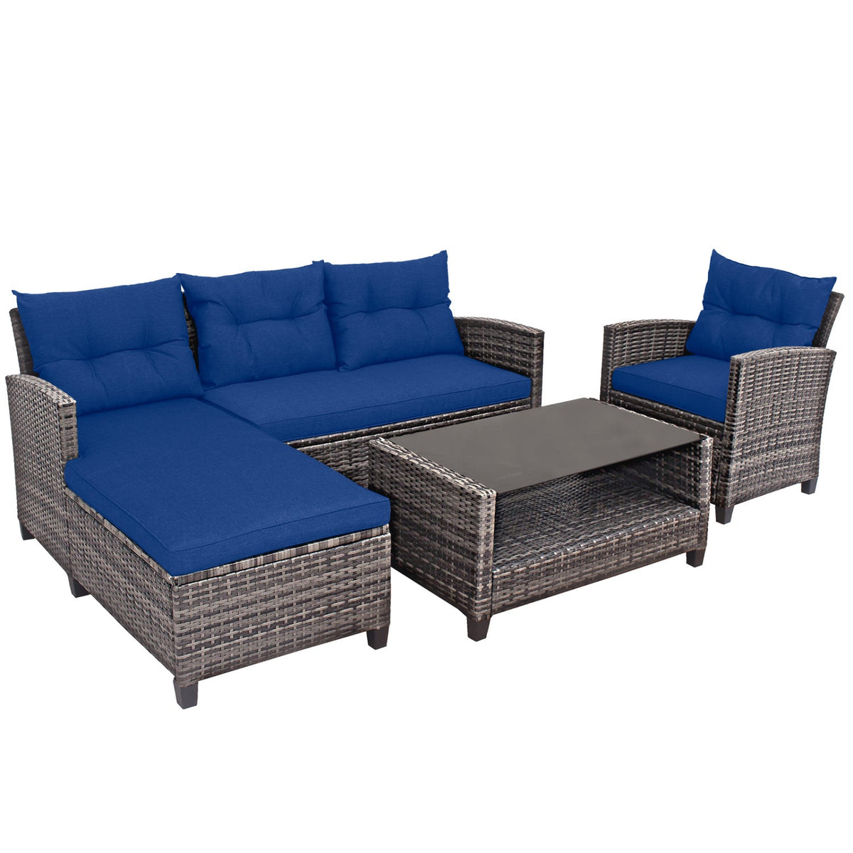4 Piece Patio Rattan Sofa Set, 55 Inch Chaise, Loveseat, Armchair and 2 Tier Glass Coffee Table, Navy on Grey
