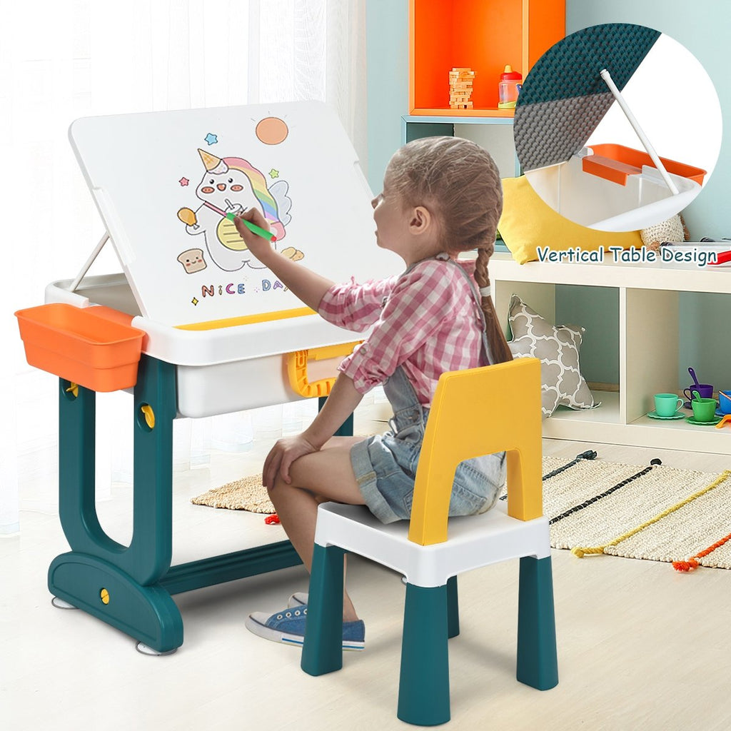 5 in 1 Kids Activity Table and Chair Set with Block Board, Tilting Top and Storage